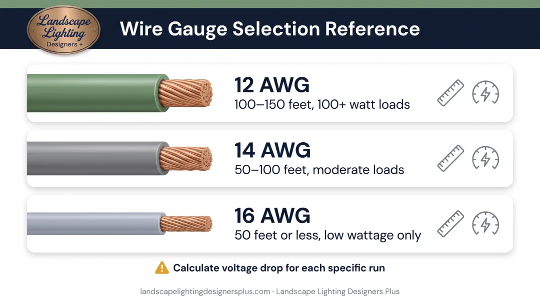 Low voltage landscape lighting wire gauge selection chart by distance and wattage load