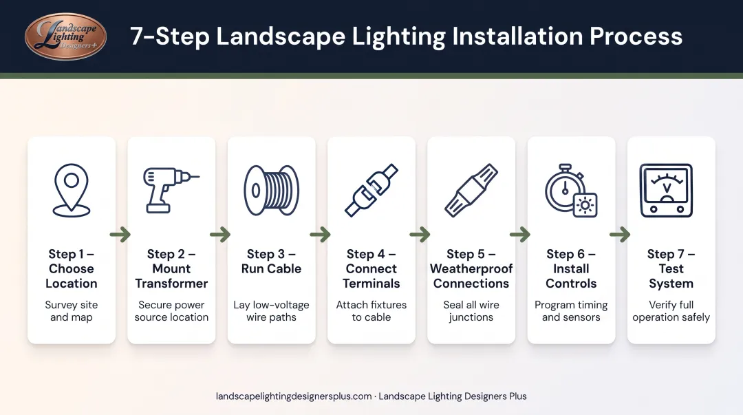 7-step low voltage transformer installation process from site selection to final testing