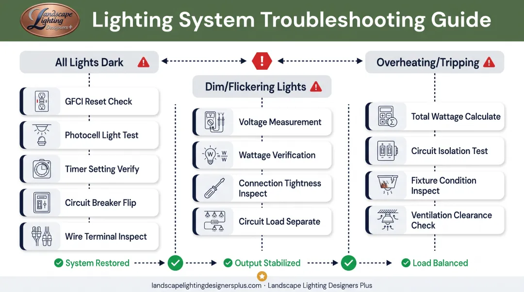 Common landscape lighting transformer problems troubleshooting flowchart with diagnostic steps