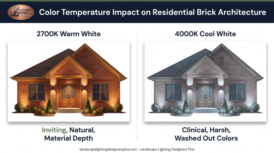 Comparison of 2700K warm white versus 4000K cool white on residential landscape materials