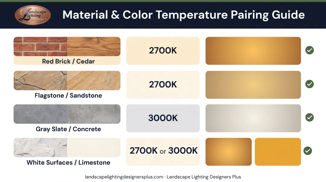 Material and color temperature pairing guide for landscape lighting design