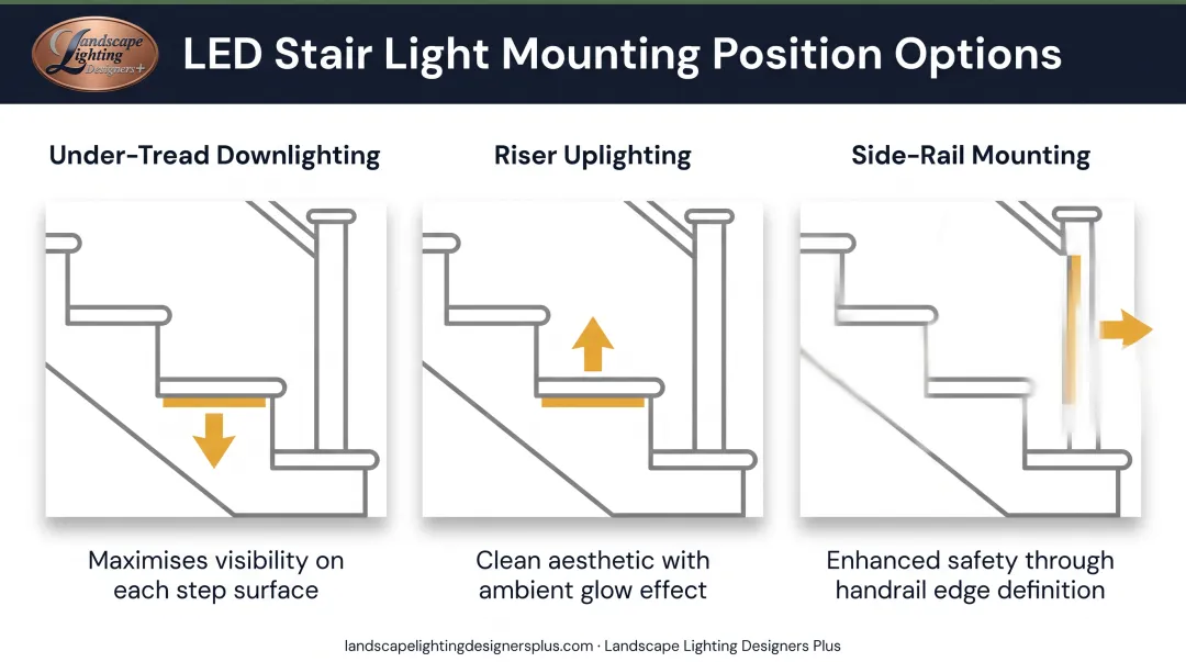 Three LED stair lighting placement options showing under-tread riser and side-rail mounting positions