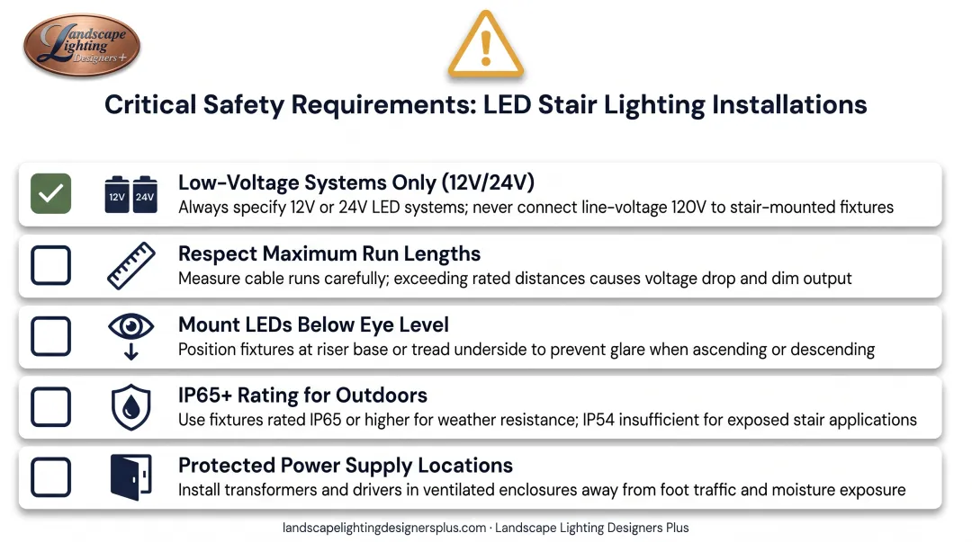 LED stair lighting installation safety checklist with voltage wiring and weatherproofing requirements