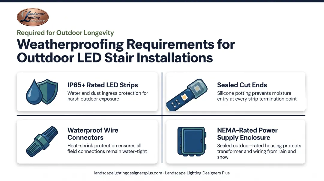 Outdoor LED stair light weatherproofing requirements showing IP ratings and sealed connections