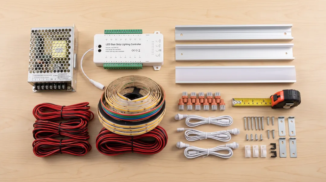 Complete LED stair lighting component kit showing strips power supply and installation tools