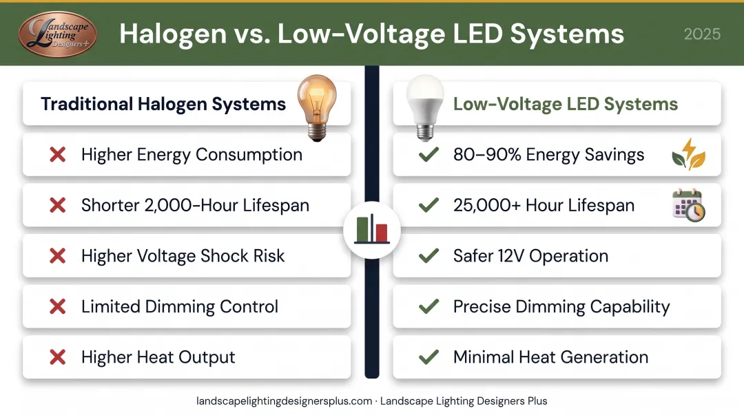 Low-voltage LED landscape lighting advantages comparison showing energy savings and safety benefits