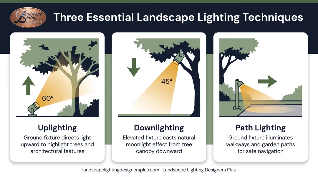 Uplighting versus downlighting versus path lighting comparison diagram showing fixture placement and light direction