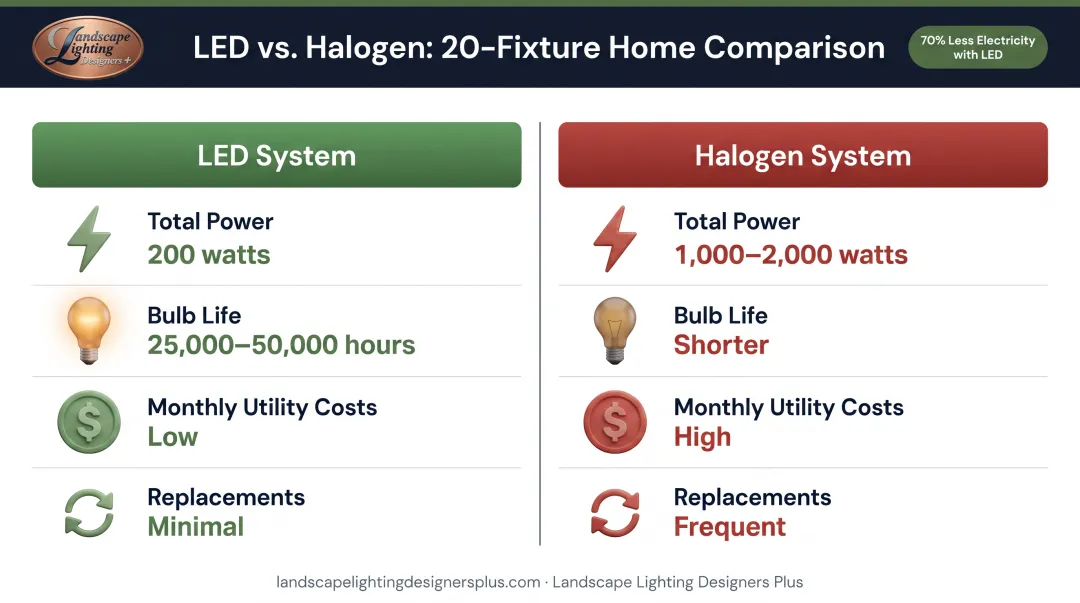 LED versus halogen landscape lighting energy consumption and cost comparison chart