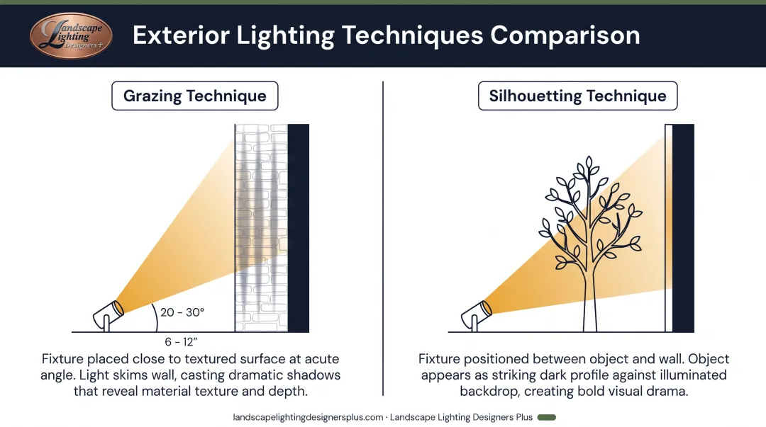 Grazing and silhouetting uplighting techniques with fixture placement diagrams and resulting effects