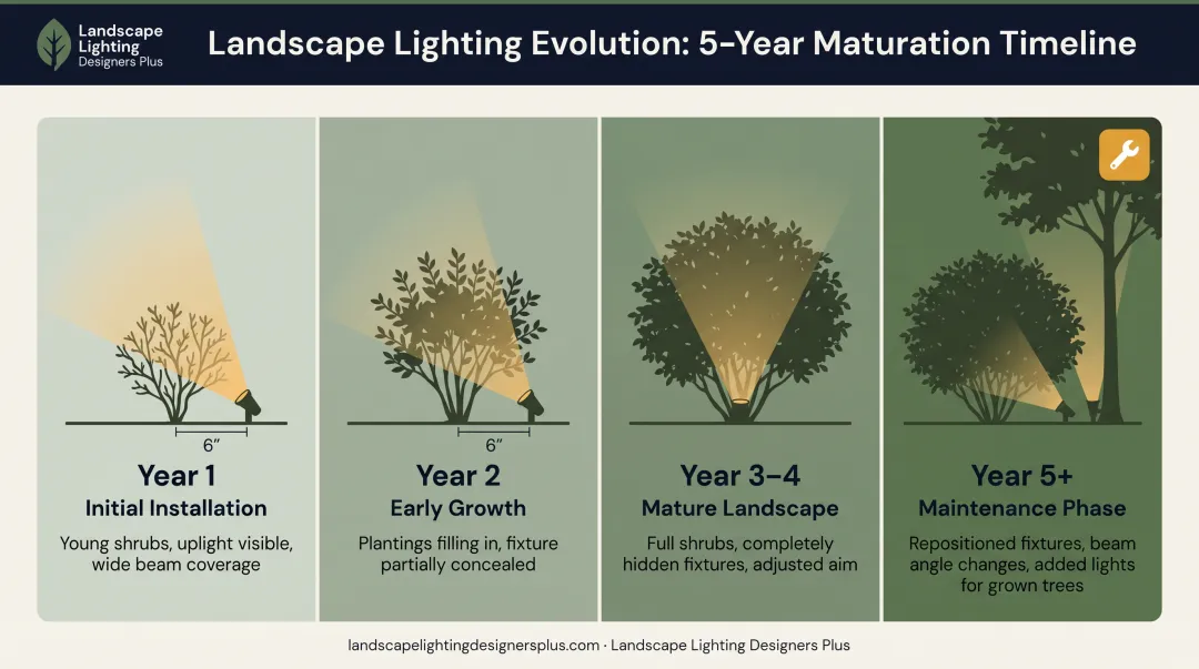 Four-stage landscape uplighting evolution timeline showing fixture adjustment as plants mature over five years