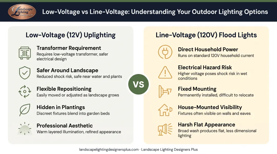 Low-voltage versus line-voltage uplighting systems comparison showing key differences in safety and installation