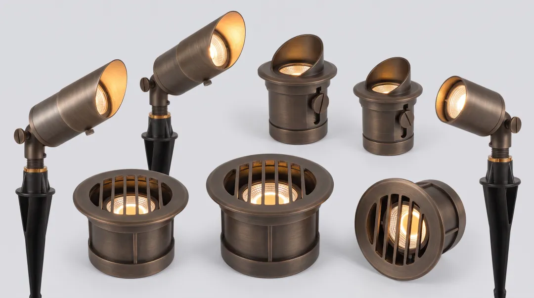 Professional low-voltage LED landscape uplighting fixtures showing bullet lights and in-ground well lights