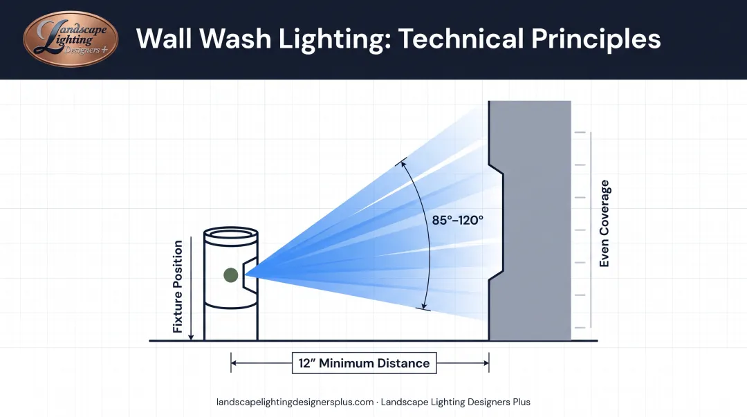 Wall wash lighting fixture placement diagram showing 12-inch minimum distance and wide beam angle spread