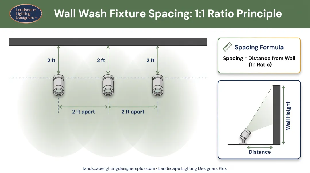 Wall wash fixture spacing calculation guide showing 1:1 ratio placement formula