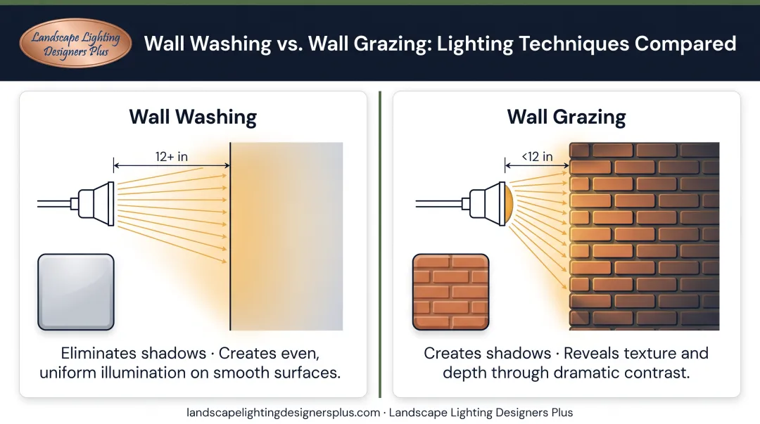 Wall washing versus wall grazing side-by-side comparison showing fixture placement and lighting effects