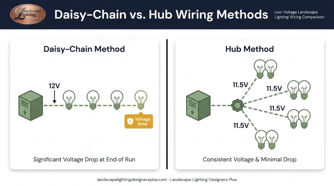 Daisy-chain versus hub wiring method comparison for landscape lighting