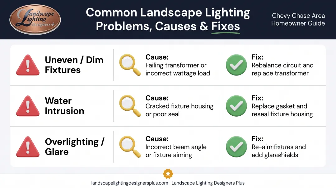 Common landscape lighting problems causes and fixes comparison chart