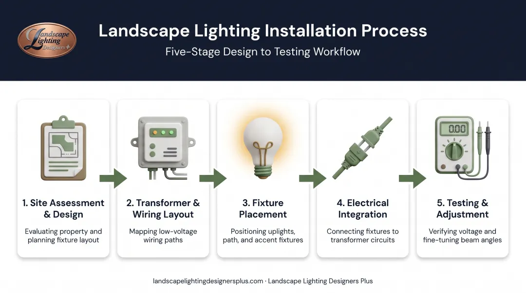 5-step landscape lighting installation process from assessment to testing
