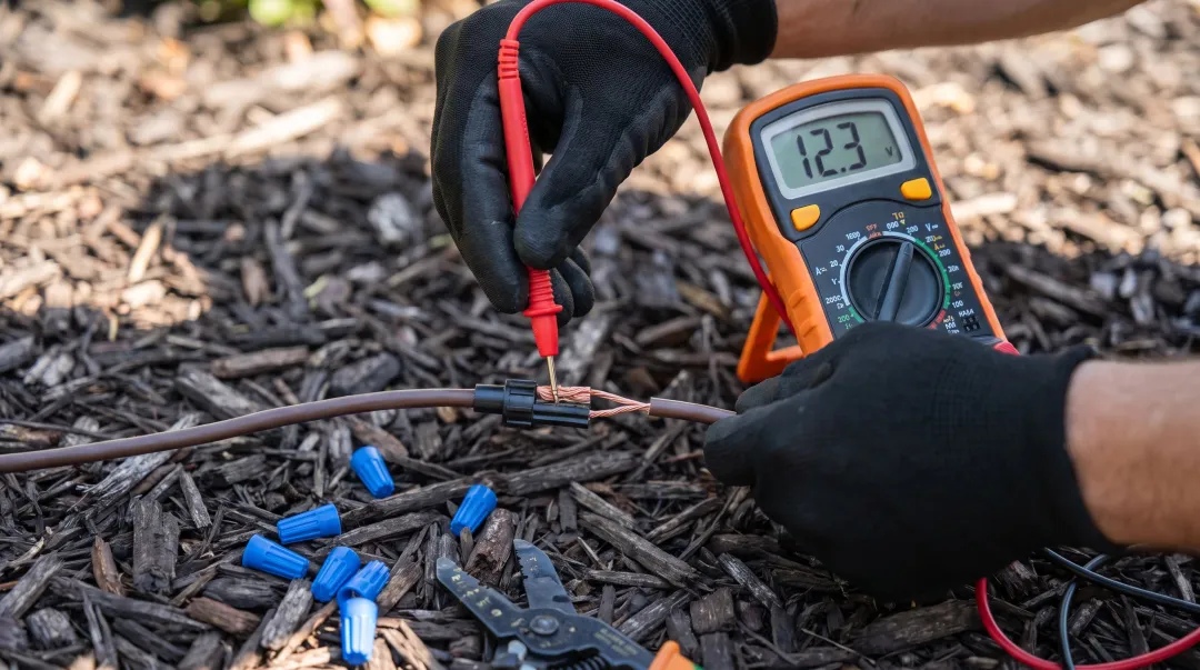 Digital multimeter testing voltage on low-voltage landscape lighting cable