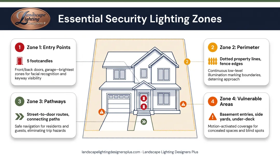 Four critical security lighting zones for residential properties coverage diagram