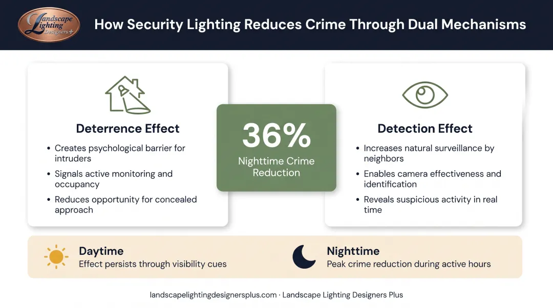 Crime reduction mechanisms of improved security lighting showing deterrence and detection pathways