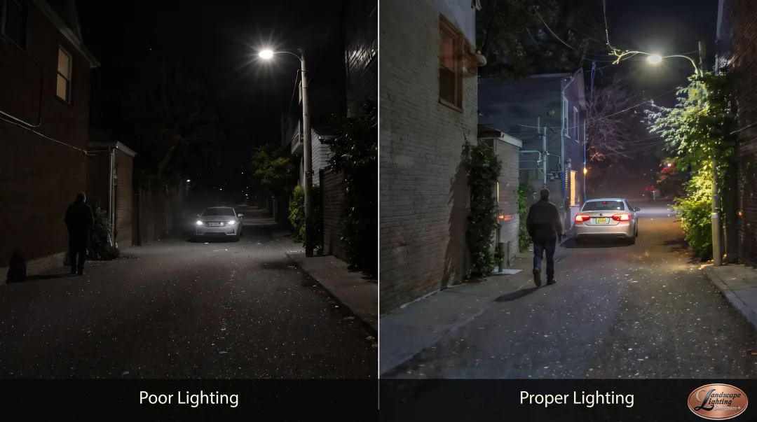 Security camera night view showing proper even illumination without glare or dark shadows