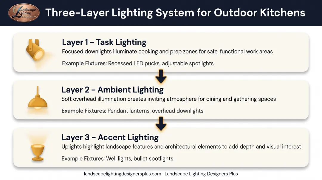 Three-layer outdoor kitchen lighting system showing task ambient and accent lighting zones