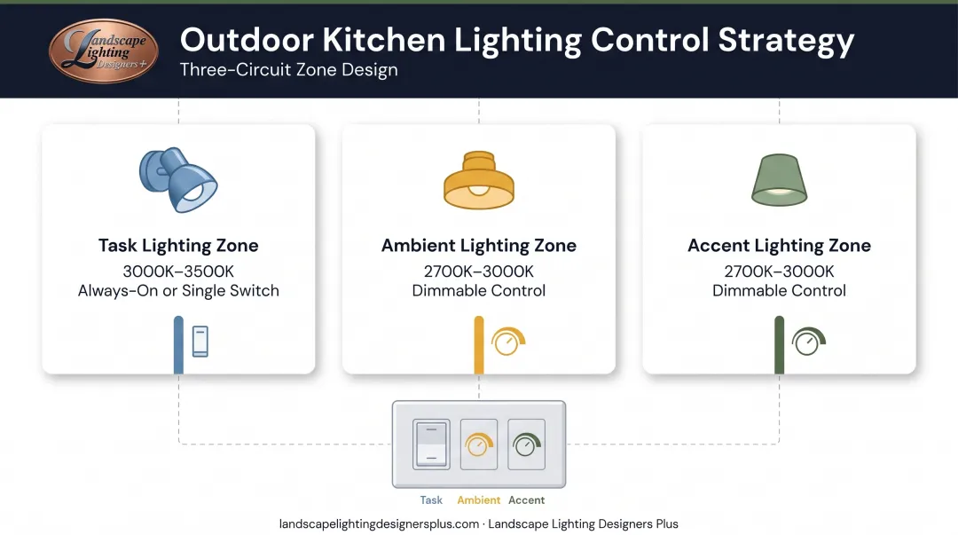 Outdoor kitchen lighting control zones showing separate circuits for task ambient and accent