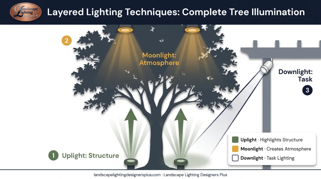 Three-layer landscape lighting technique comparison showing uplighting downlighting and moonlighting together