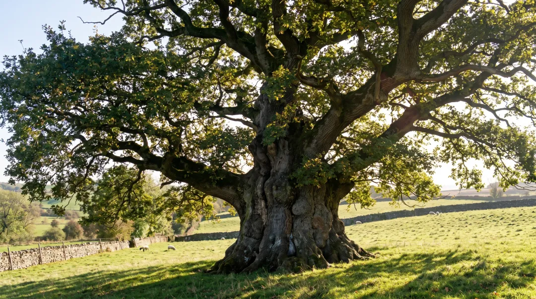 Mature deciduous oak tree canopy with visible branching structure ideal for moonlighting fixtures