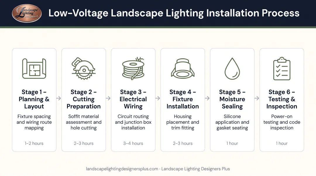 6-step professional recessed soffit lighting installation process from planning to inspection
