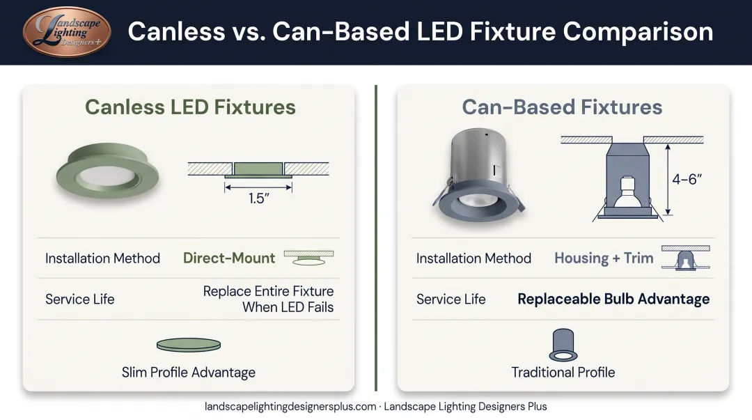 Canless versus can-based recessed soffit fixture comparison showing installation depth and replacement differences
