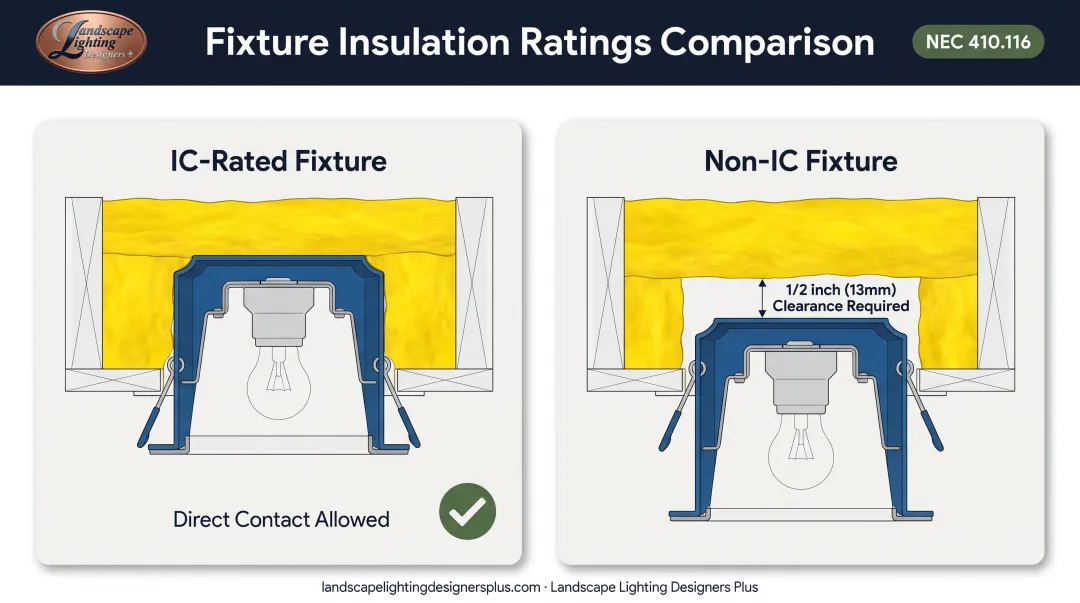 IC-rated versus non-IC fixture clearance requirements for insulation contact compliance