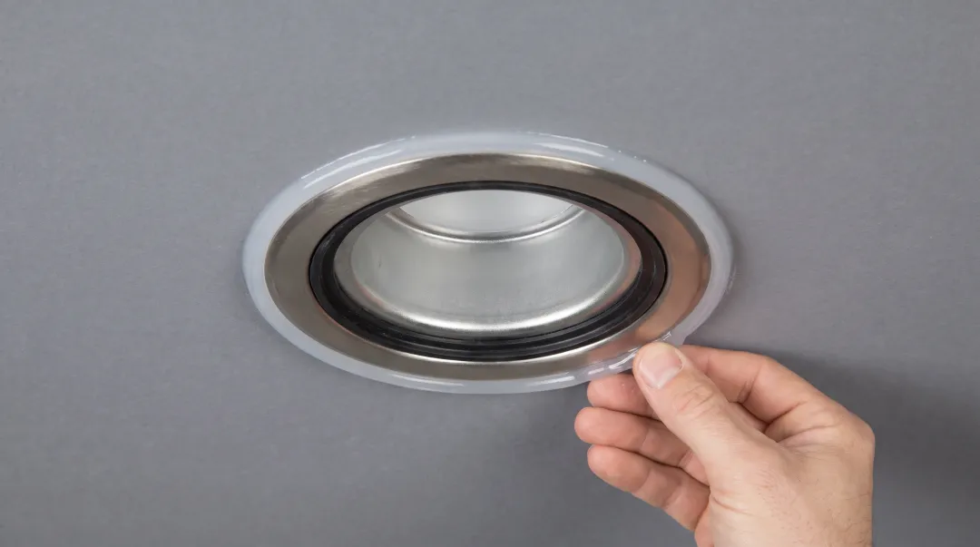 Properly sealed recessed soffit fixture showing weatherproof gasket and silicone sealant application