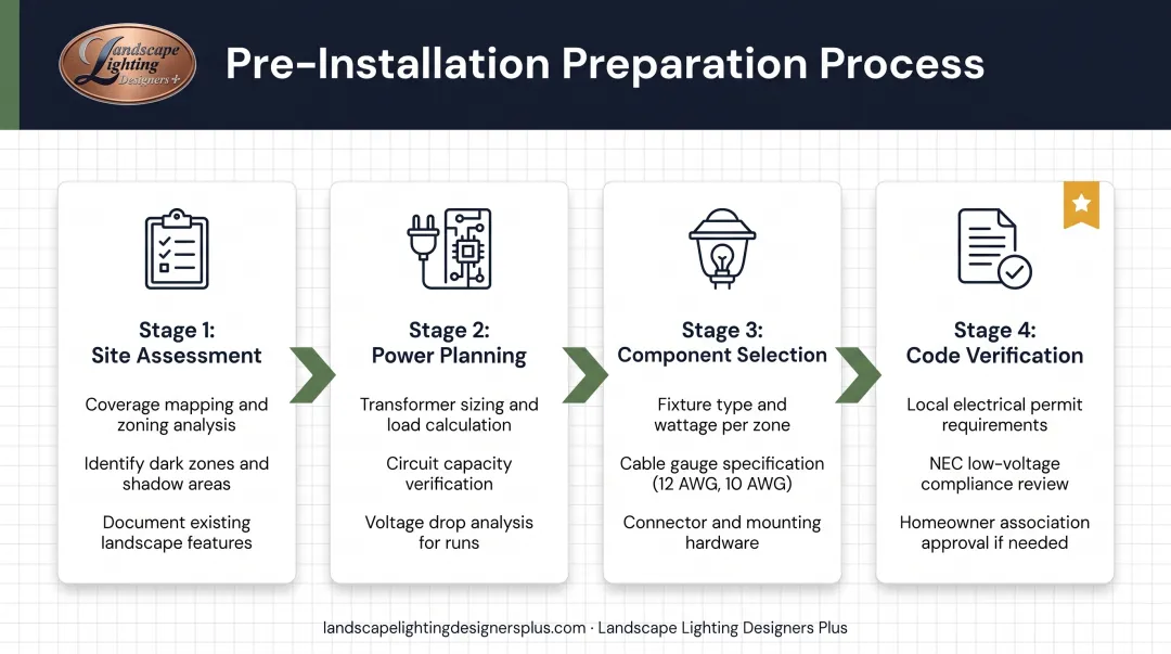 Pre-installation checklist workflow for security lighting from assessment to code verification