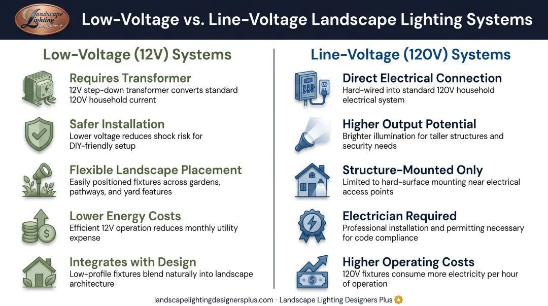 Low-voltage versus line-voltage security lighting system comparison with key differences