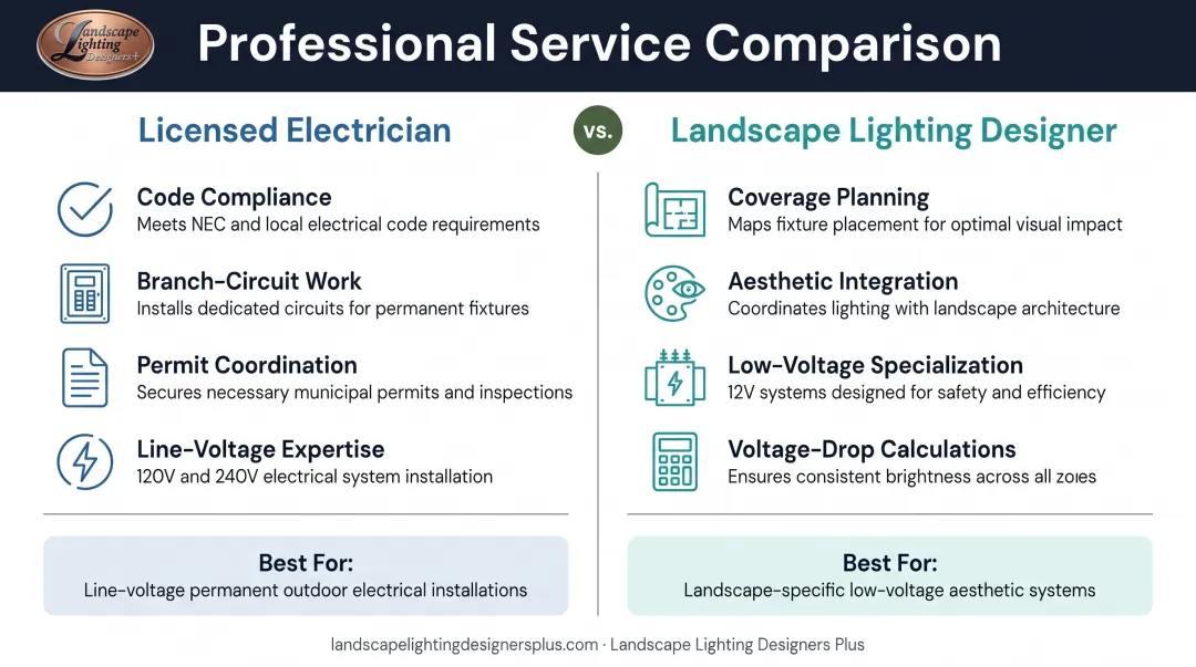 Electrician versus landscape lighting designer service comparison for security light installation