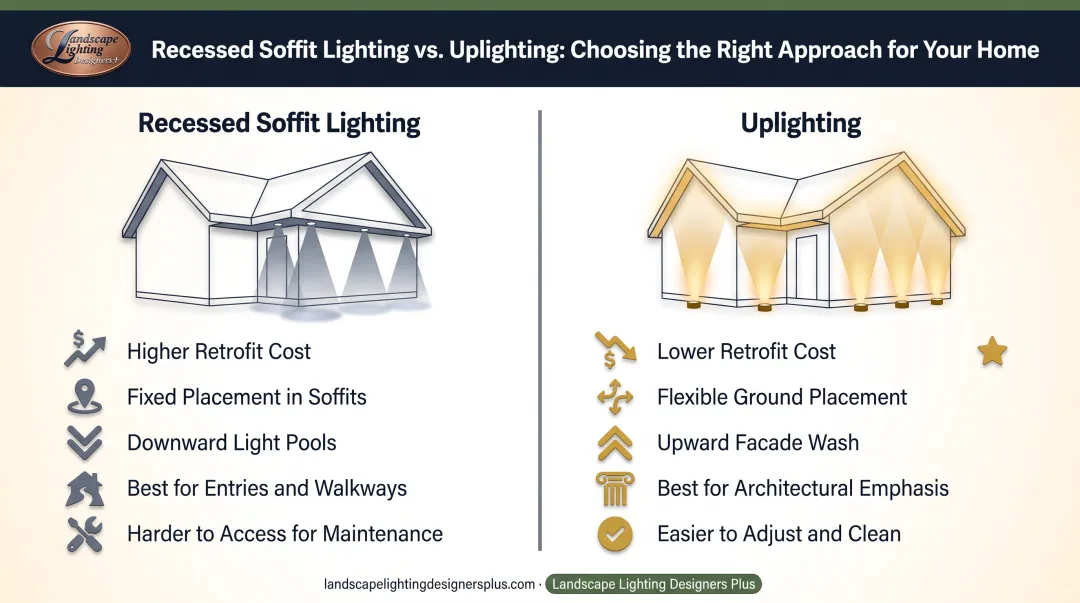 Recessed soffit lighting versus uplighting side-by-side comparison chart showing key differences