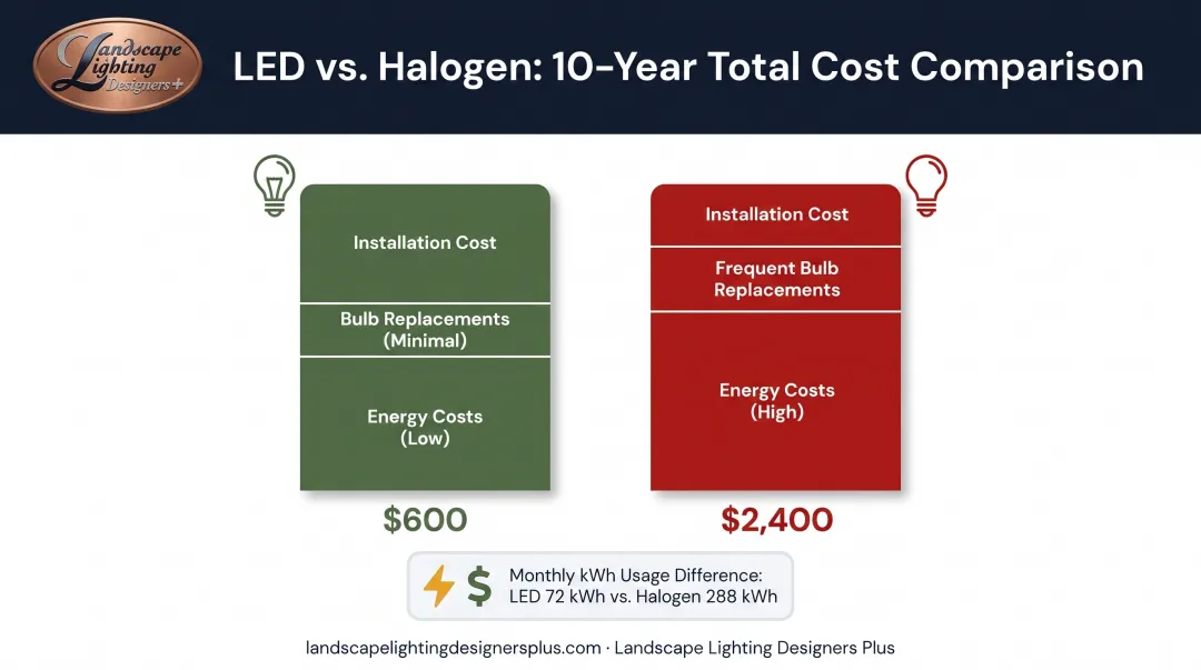 LED versus halogen landscape lighting energy cost comparison over 10 years