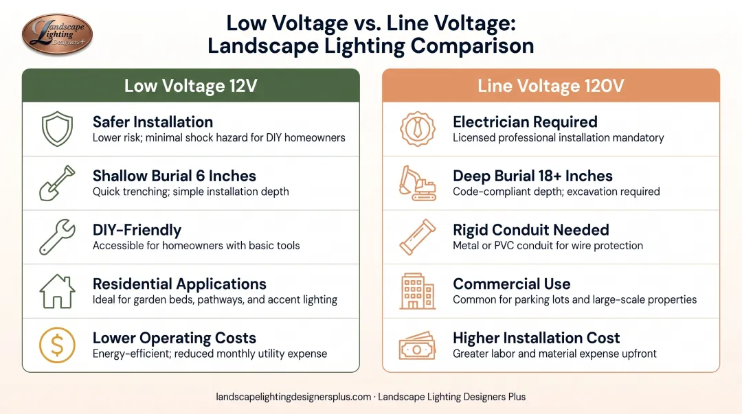 Low voltage 12V versus line voltage 120V landscape lighting comparison chart