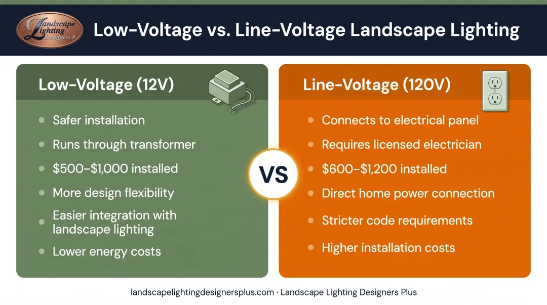 Low-voltage versus line-voltage lamp post system side-by-side comparison chart