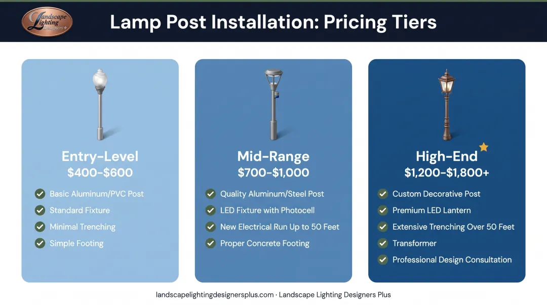 Three-tier lamp post installation cost comparison from entry-level to high-end pricing