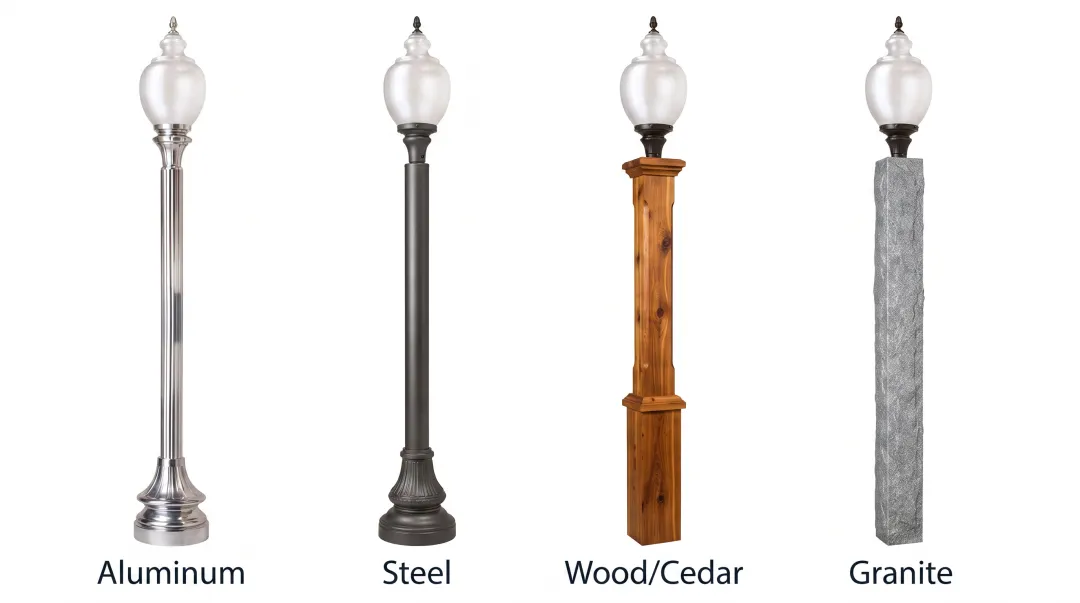 Residential lamp posts displaying different materials including aluminum steel wood and granite options