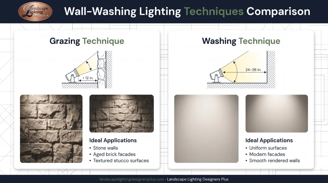 Wall grazing versus wall washing landscape lighting techniques side-by-side comparison diagram