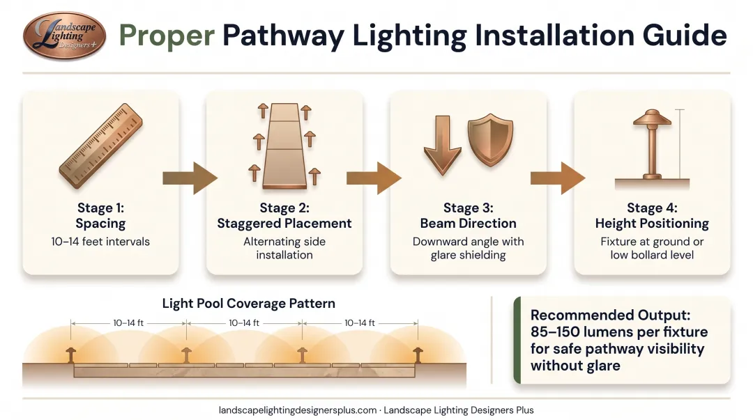 Residential pathway LED lighting installation guide showing fixture spacing placement and beam control
