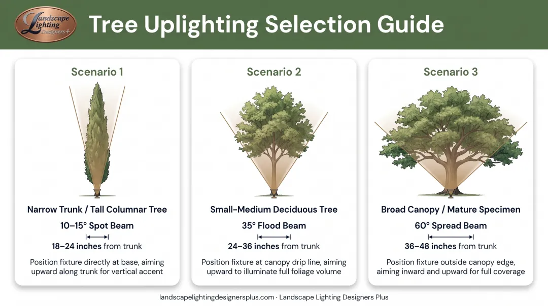Tree uplighting beam angle selection guide matching fixture spread to tree size and structure