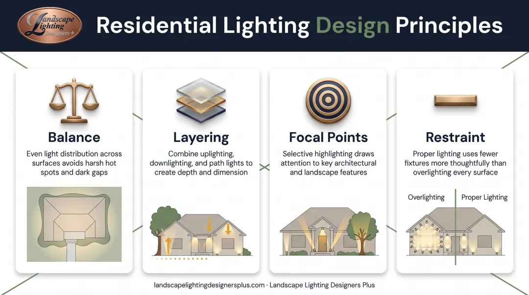 Four essential landscape lighting design principles balance layering focal points and restraint