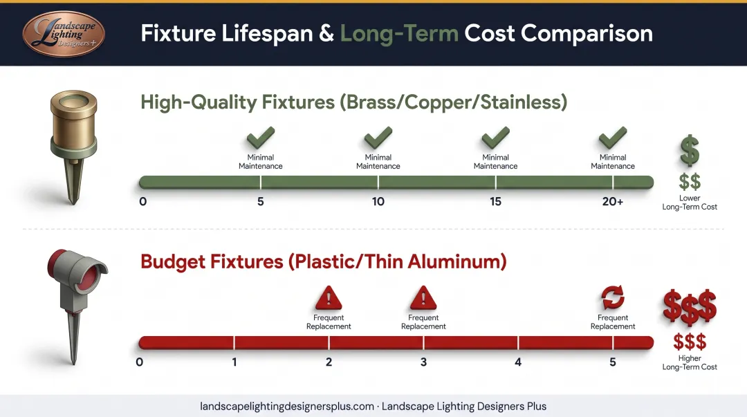 Landscape lighting fixture lifespan comparison showing brass copper versus plastic aluminum durability timeline