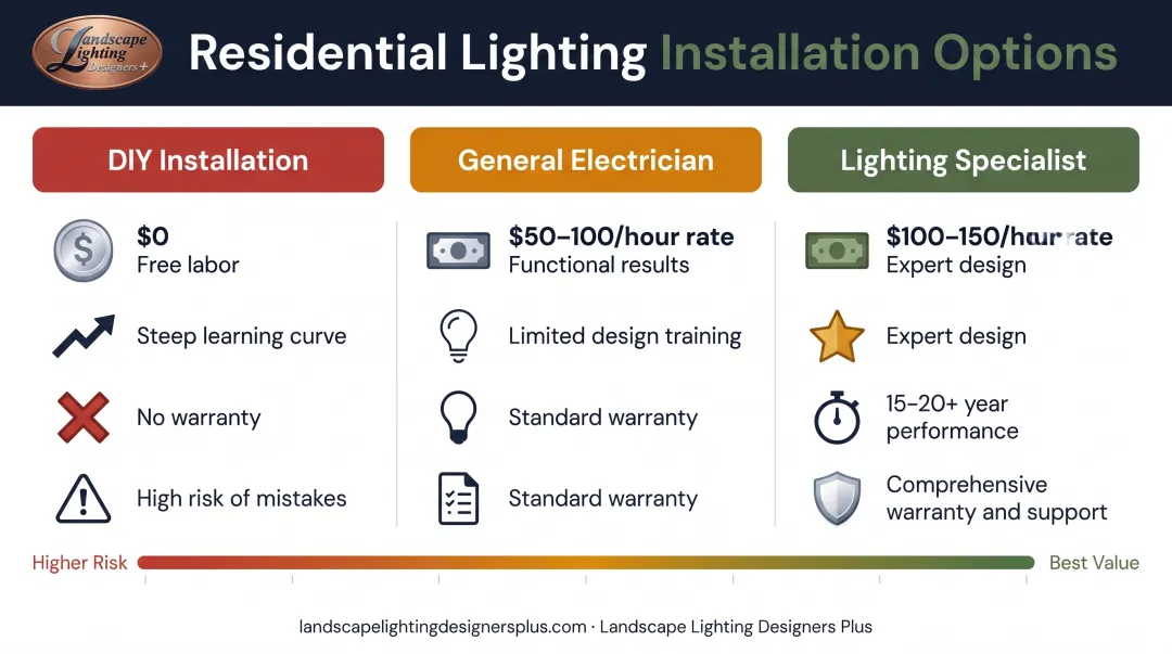 Three-tier comparison of DIY general contractor versus lighting specialist installation costs expertise and outcomes