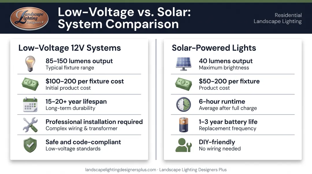 Low-voltage versus solar landscape lighting performance and cost comparison infographic